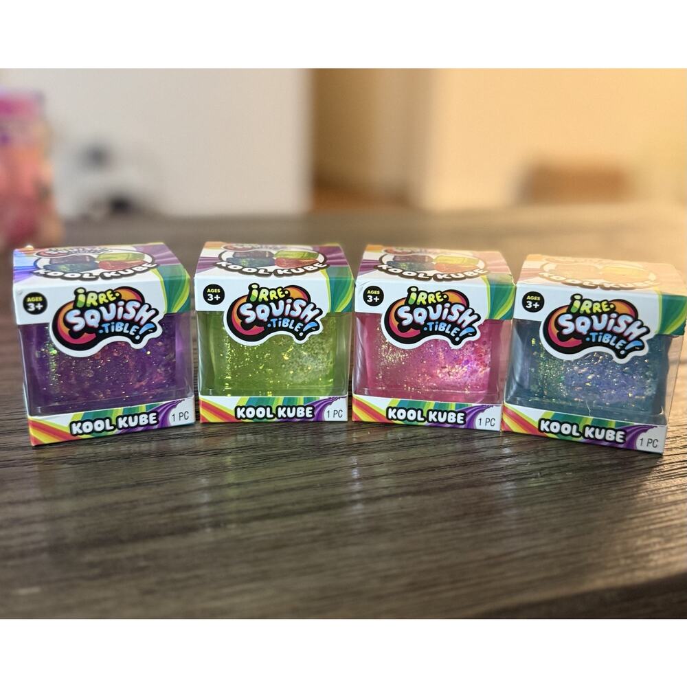 SET OF 4 - Irresquishtible! Kool Kube Squishy Viral Glitter Cube Fidget Toy